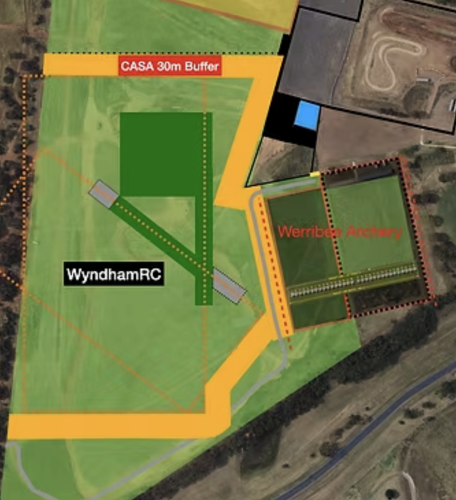 WyndhamRC aerial site plan showing the CASA 30m buffer, club boundary, runway, and neighbouring Werribee Archery