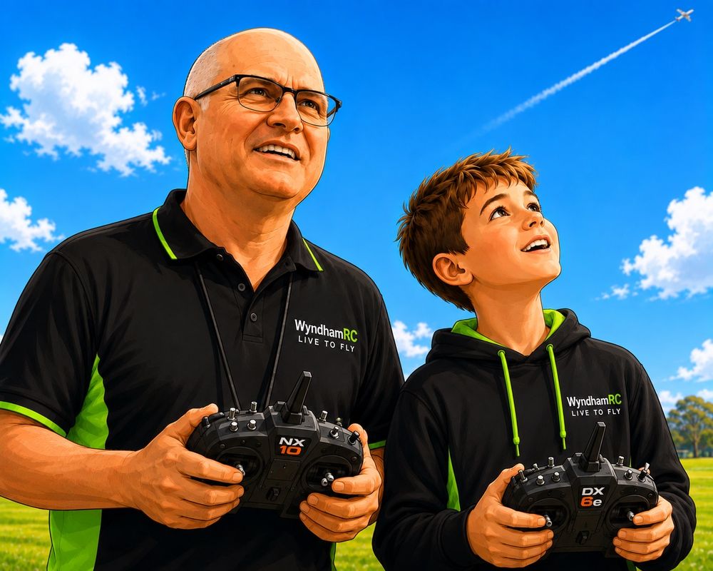 Illustration of an instructor and a young student watching a model aircraft fly